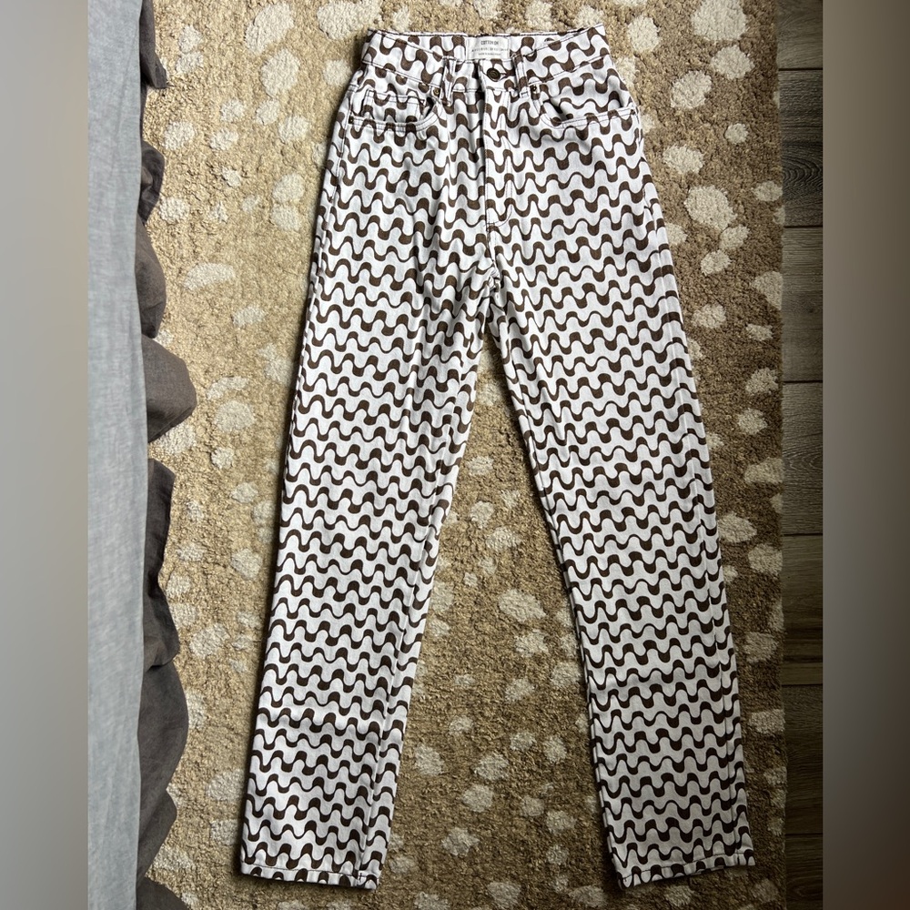 Cotton On Brown Wavy Print Straight Leg Jeans Retro Pattern US 0